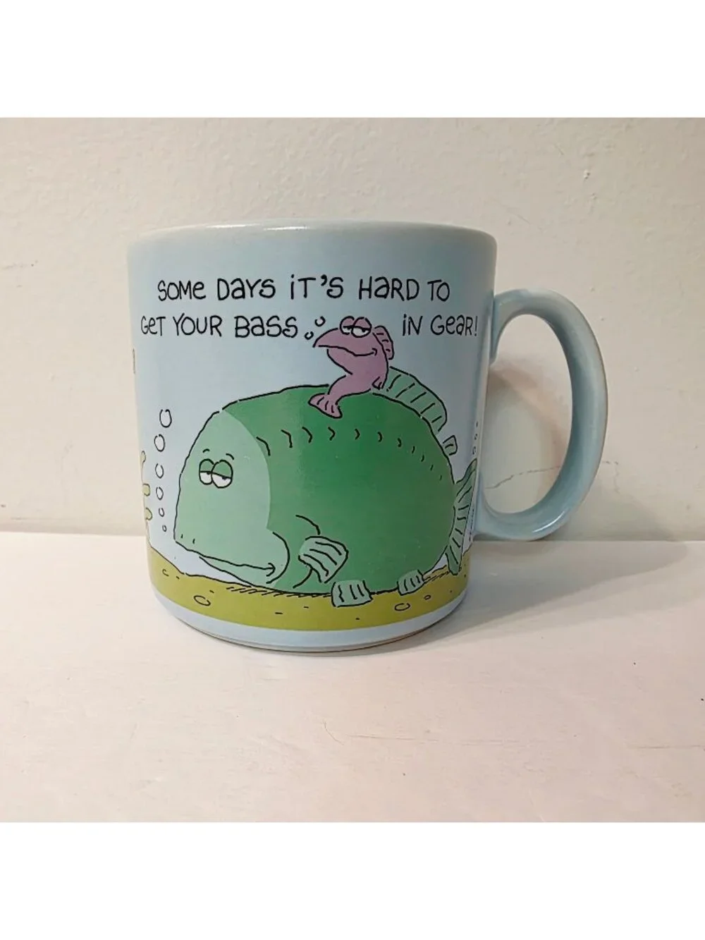 Vtg Novelty American Greetings Get Your Bass In Gear Fish Blue Cup Mug Humor